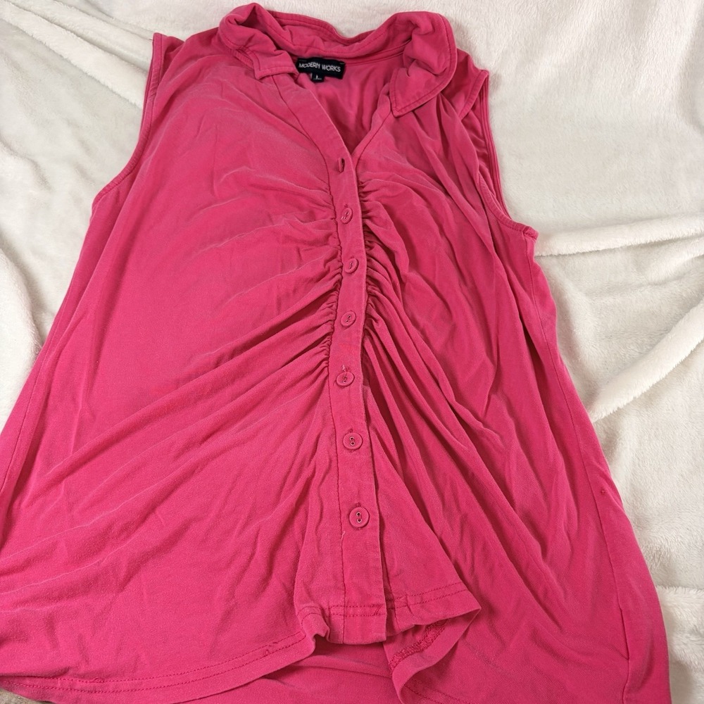 Modern Works Ruched Front Hot Pink Top Large Collared V-Neck Barbiecore Summer